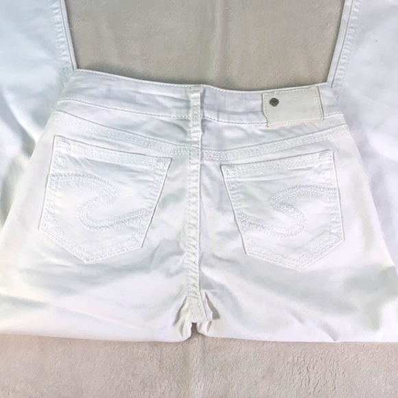 Silver Jeans Suki Mid Flare Super Stretch Embroidered Cropped White Denim - Picture 4 of 13